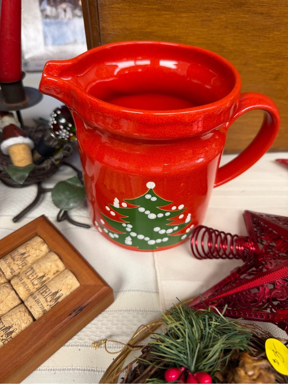 Vintage Waechtersbach Germany Christmas Tree pattern red ceramic pitcher.